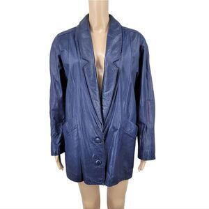 Vintage 80s Women's Navy Blue Leather Jacket Double Lapel